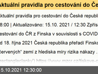 Aktuální pravidla pro cestování do České republiky - Zpřísnění podmínek cestování do ČR z Finska v souvislosti s COVID-19