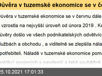 Důvěra v tuzemské ekonomice se v červnu dále výrazně zlepšila a vzrostla na nejvyšší úroveň od února 2019