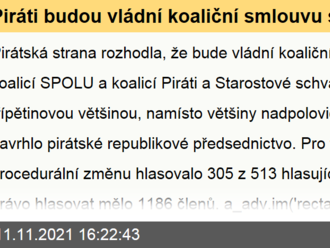 Piráti budou vládní koaliční smlouvu schvalovat třípětinovou většinou