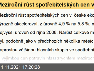 Meziroční růst spotřebitelských cen v české ekonomice v říjnu výrazně akceleroval