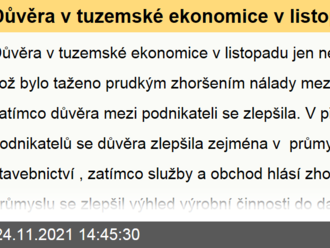 Důvěra v tuzemské ekonomice v listopadu jen nepatrně klesla, důvěra mezi podnikateli se zlepšila