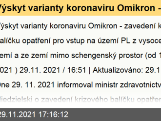 Výskyt varianty koronaviru Omikron - zavedení krizového balíčku opatření pro vstup na území PL z vysoce rizikových zemí a ze zemí mimo schengenský prostor  