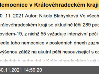 Nemocnice v Královéhradeckém kraji hospitalizují 289 pacientů s covidem-19