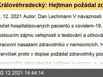 Královéhradecký: Hejtman požádal zdravotníky působící mimo nemocnice o pomoc