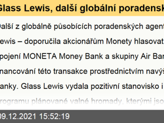 Glass Lewis, další globální poradenská společnost doporučuje akcionářům hlasovat „PRO“ akvizici skupiny Air Bank