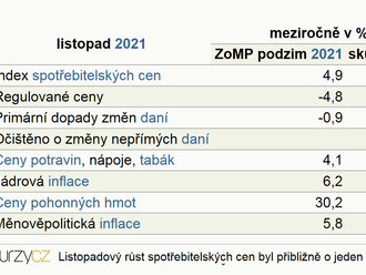 Inflace v listopadu 2021 výrazně nad prognózou ČNB a vysoko nad horní hranicí tolerančního pásma cíle