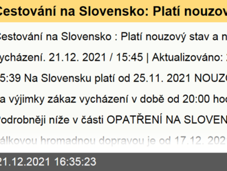 Cestování na Slovensko: Platí nouzový stav a noční zákaz vycházení.