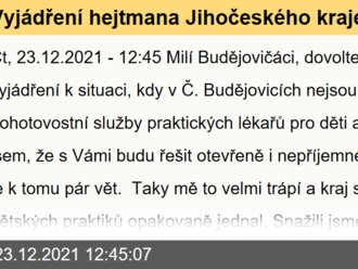 Vyjádření hejtmana Jihočeského kraje k situaci ordinace dětské lékařské pohotovostní služby v Českých Budějovicích