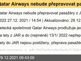 Qatar  Airways nebude přepravovat pasažéry z JAR do 13/01/2022