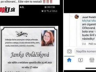 ČISTÝ HYENIZMUS Klamstvo o mŕtvej Janke zo Serede po očkovaní šíri aj expredseda ĽSNS : Ostré slová otca!