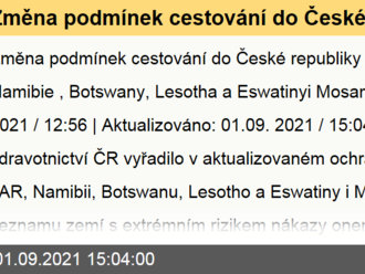 Změna podmínek cestování do České republiky  z JAR, Namibie, Botswany, Lesotha a Eswatinyi Mosambiku