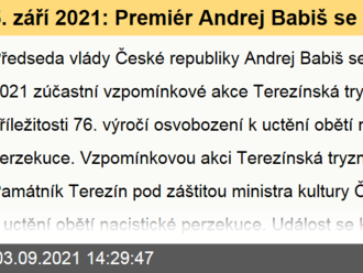 5. září 2021: Premiér Andrej Babiš se zúčastní pietní vzpomínky Terezínská tryzna