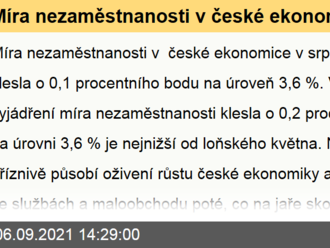 Míra nezaměstnanosti v české ekonomice v srpnu meziměsíčně klesla o 0,1 procentního bodu