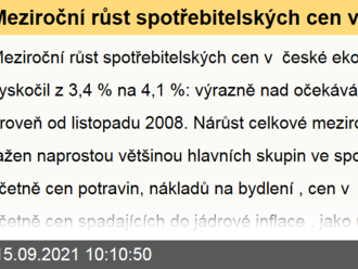 Meziroční růst spotřebitelských cen v české ekonomice v srpnu vyskočil výrazně nad očekávání a na nejvyšší úroveň od listopadu 2008