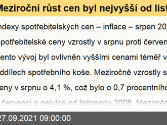 Meziroční růst cen byl nejvyšší od listopadu 2008 - Indexy spotřebitelských cen   - podrobné členění - srpen 2021