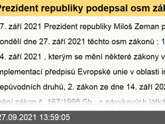 Prezident republiky podepsal osm zákonů  