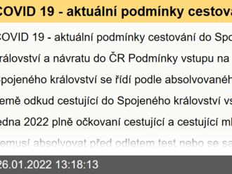 COVID 19 - aktuální podmínky cestování do Spojeného království a návratu do ČR