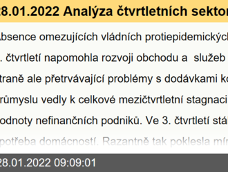 28.01.2022 Analýza čtvrtletních sektorových účtů - 3. čtvrtletí 2021. Ve 3. čtvrtletí 2021 českou ekonomiku neomezovala žádná protiepidemická opatření. Podmínky byly srovnatelné se 3. čtvrtletím 2020.