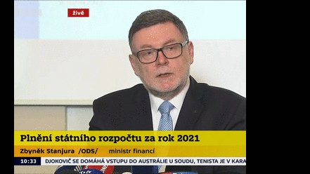 Brífink ministra financí Zbyňka Stanjury k plnění státního rozpočtu. Státní rozpočet skončil loni ve schodku 419,7 miliardy Kč, Státní dluh loni stoupl na rekordních 2,5 bilionu Kč.