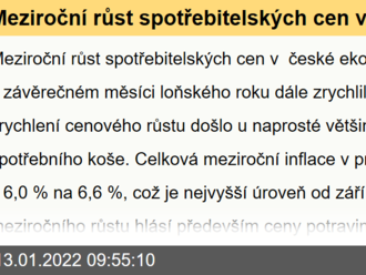 Meziroční růst spotřebitelských cen v české ekonomice v závěrečném měsíci loňského roku dále zrychlil