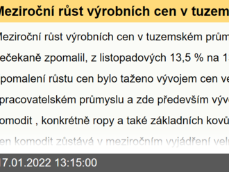 Meziroční růst výrobních cen v tuzemském průmyslu v prosinci nečekaně zpomalil