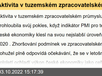 Aktivita v tuzemském zpracovatelském průmyslu v září prohloubila svůj pokles