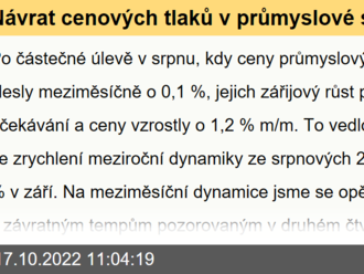 Návrat cenových tlaků v průmyslové sféře za přispění cen elektřiny  