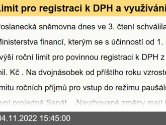 Limit pro registraci k DPH a využívání paušální daně vzroste na dva miliony - Poslanecká sněmovna dnes ve 3. čtení schválila návrh zákona MF