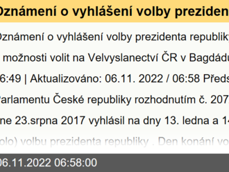 Oznámení o vyhlášení volby prezidenta republiky v roce 2023 a o možnosti volit na Velvyslanectví ČR v Bagdádu