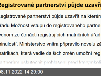 Registrované partnerství půjde uzavřít na kterémkoli matričním úřadu