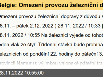 Belgie: Omezení provozu železniční dopravy z důvodu stávky  