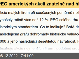 PEG amerických akcií znatelně nad historickým standardem, malé firmy při současných valuacích dosahovaly vyšší návratnosti