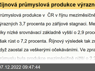 Říjnová průmyslová produkce výrazně pod očekáváními  