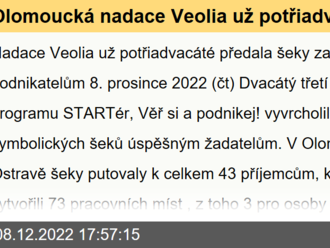 Olomoucká nadace Veolia už potřiadvacáté předala šeky začínajícím podnikatelům