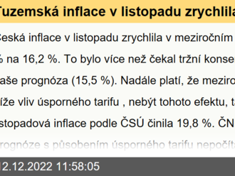 Tuzemská inflace v listopadu zrychlila na 16,2 %, více než se čekalo  