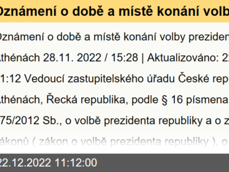 Oznámení o době a místě konání volby prezidenta republiky 13. a 14. ledna 2023 v Athénách