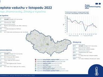 Teplota vzduchu v listopadu 2022 – Jihomoravský kraj, Zlínský kraj a Kraj Vysočina