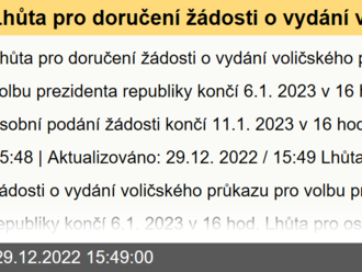 Lhůta pro doručení žádosti o vydání voličského průkazu pro volbu prezidenta republiky končí 6.1.2023 v 16 hod. Lhůta  pro osobní podání žádosti končí 11.1.2023 v 16 hod.