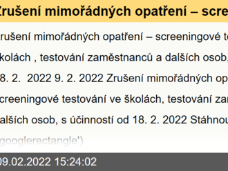 Zrušení mimořádných opatření – screeningové testování ve školách, testování zaměstnanců a dalších osob, s účinností od 18. 2. 2022