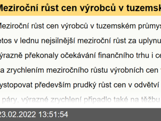 Meziroční růst cen výrobců v tuzemském průmyslu vykázal letos v lednu nejsilnější meziroční růst za uplynulých 30 let