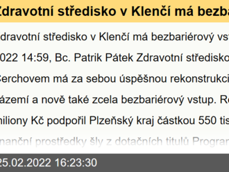 Zdravotní středisko v Klenčí má bezbariérový vstup