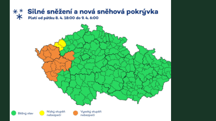 Výstraha ČHMÚ - v noci na sobotu na západě Čech silné sněžení