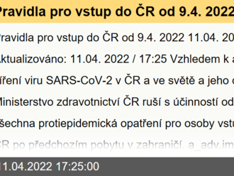 Pravidla pro vstup do ČR od 9.4. 2022