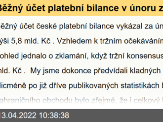 Běžný účet platební bilance v únoru zpátky do pasiva  