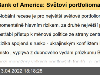 Bank of America: Světoví portfoliomanažeři s největšími obavami vyhlížejí možnou recesi a příliš přísné centrální banky