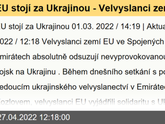 EU stojí za Ukrajinou - Velvyslanci zemí EU ve Spojených arabských emirátech absolutně odsuzují nevyprovokovanou invazi ruských vojsk na Ukrajinu.