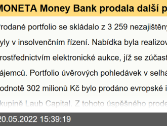 MONETA Money Bank prodala další portfolio úvěrových pohledávek v selhání, zisk činí 96 milionů Kč