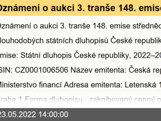 Oznámení o aukci 3. tranše 148. emise střednědobých a dlouhodobých státních dluhopisů České republiky