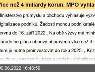 Více než 4 miliardy korun. MPO vyhlašuje I. výzvu Digitální podnik a I. výzvu Virtuální podnik