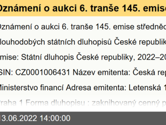 Oznámení o aukci 6. tranše 145. emise střednědobých a dlouhodobých státních dluhopisů České republiky